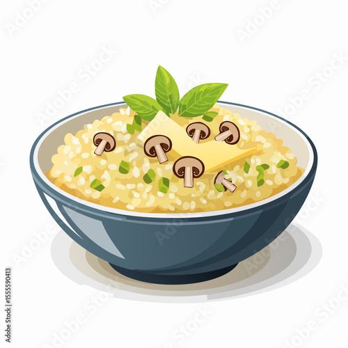 A gourmet bowl of creamy mushroom risotto topped with fresh basil, chives, and melting butter. A classic Italian comfort food dish.