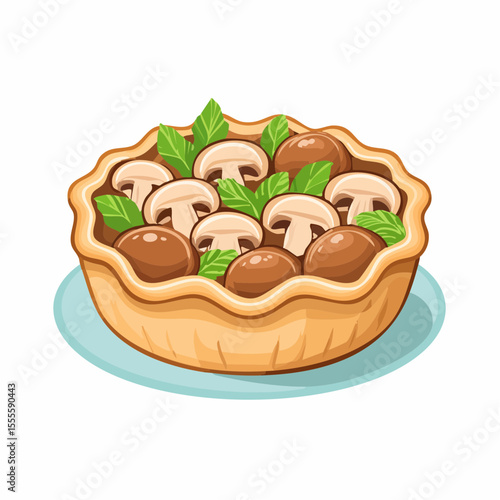 Savory mushroom and basil tart illustration. A gourmet homemade appetizer concept for a classic vegetarian recipe.