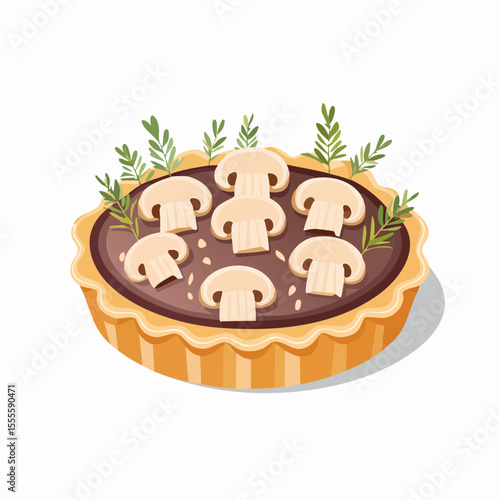 Gourmet savory tart with sliced mushrooms and fresh green herbs. A delicious homemade appetizer dish isolated on white background.