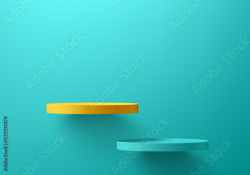 3D yellow and green podium set floating on the wall background. Abstract geometric composition in minimalist design. 3D studio display showroom product pedestal, Fashion stage showcases mockup scene.