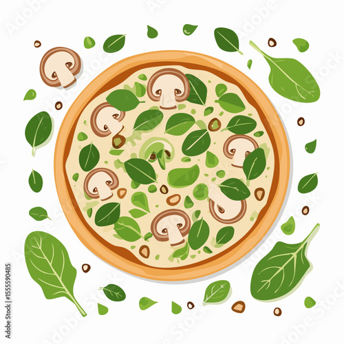 Delicious vegetarian pizza with fresh spinach and mushroom toppings. Top view flat lay food illustration on a white background.