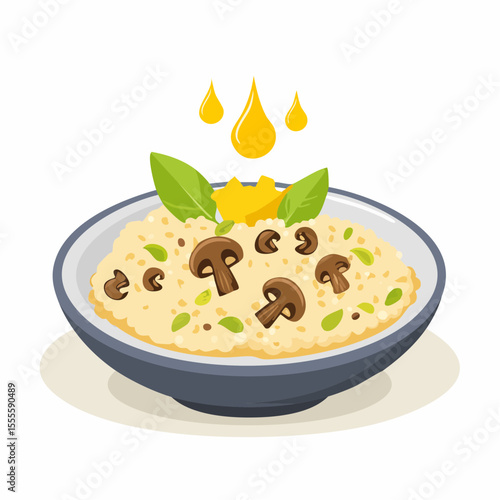 Gourmet Italian mushroom risotto in a bowl, garnished with fresh basil and a drizzle of oil. Vector food illustration concept.