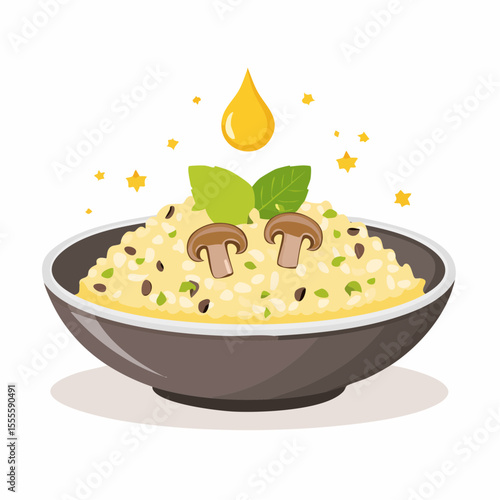 Savory mushroom risotto in a bowl, a classic Italian dish. Vector illustration of creamy rice with fresh herbs, champignons, and a drop of golden oil.