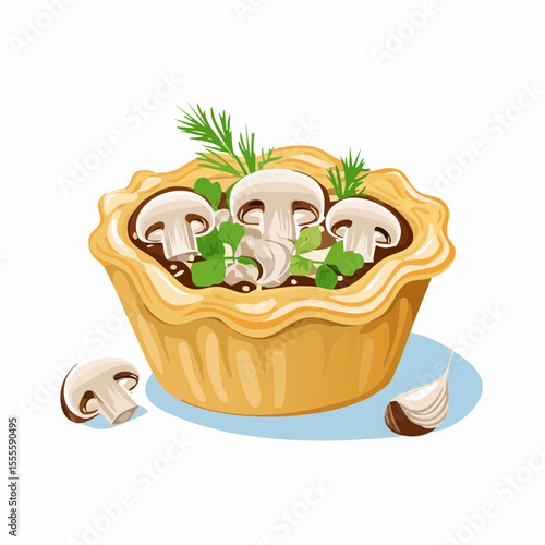 A delicious savory tartlet with a rich mushroom and garlic filling, garnished with fresh champignons and dill