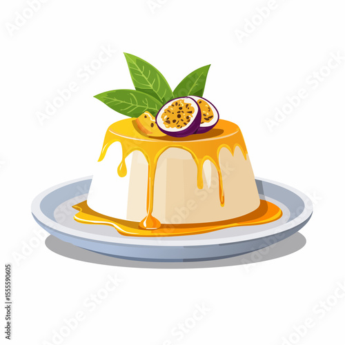 Italian panna cotta dessert with a delicious passion fruit sauce and fresh mint garnish. A sweet, creamy pudding on a plate, isolated vector illustration.