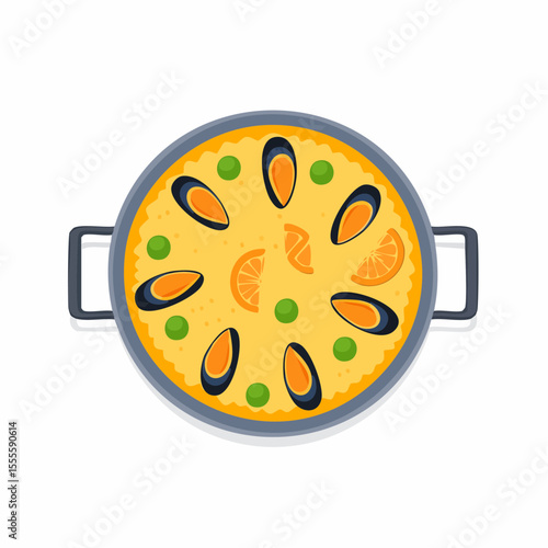 Top view of a traditional Spanish seafood paella with mussels, peas, and lemon in a pan. Vector illustration.
