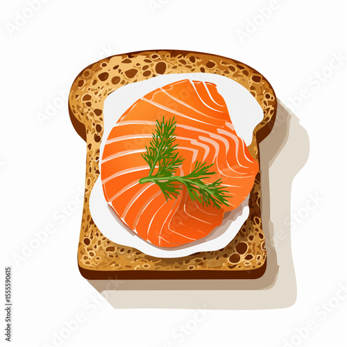 Delicious open-faced salmon sandwich on rye toast with cream cheese and fresh dill. A healthy gourmet breakfast or appetizer illustration.
