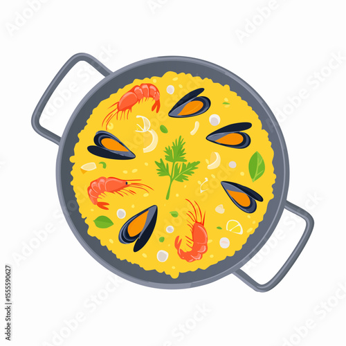 Classic seafood paella with saffron rice, prawns, and mussels. A vector illustration of a traditional Spanish dish.