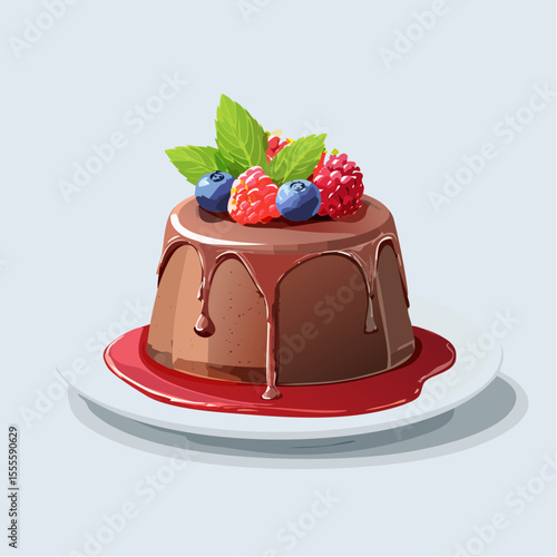 Gourmet chocolate panna cotta with rich chocolate glaze, topped with fresh raspberries, blueberries, and mint