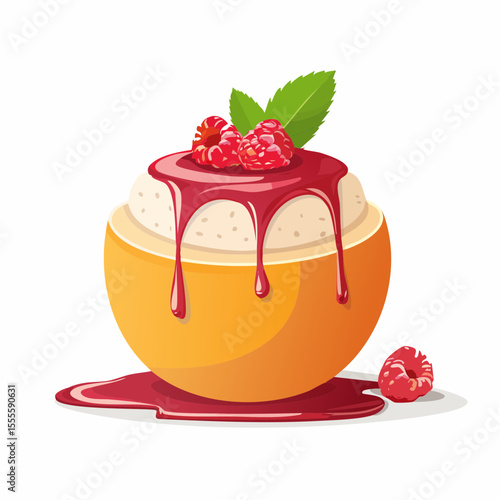 Gourmet vanilla ice cream served in a natural orange bowl, generously topped with dripping raspberry sauce and a fresh mint garnish.