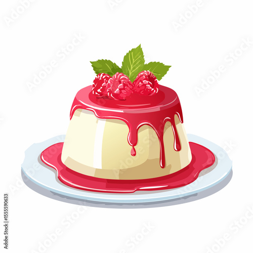 Gourmet panna cotta, a sweet and creamy Italian dessert served with vibrant raspberry sauce, fresh berries, and a mint garnish.