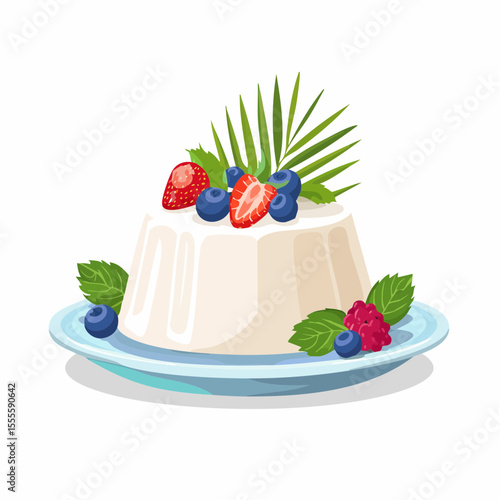 A delicious panna cotta dessert with fresh berries. A gourmet pudding with strawberries, blueberries, and mint on a plate. Vector illustration.