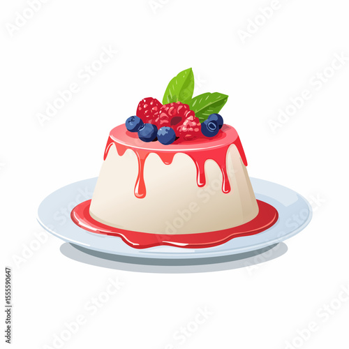 Classic panna cotta dessert with fresh raspberry, blueberry, and mint garnish on a plate. A delightful creamy pudding with berry sauce illustration.