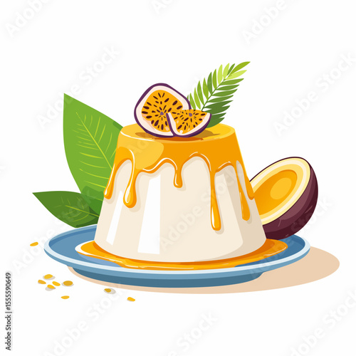 Gourmet panna cotta dessert with exotic passion fruit sauce, garnished with fresh tropical fruit slices and a green leaf.