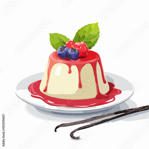 Elegant vanilla panna cotta pudding with berry coulis and fresh mint, a classic gourmet dessert.