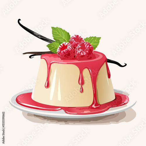 Elegant vanilla panna cotta with raspberry sauce, a classic Italian dessert illustration. Gourmet sweet food concept