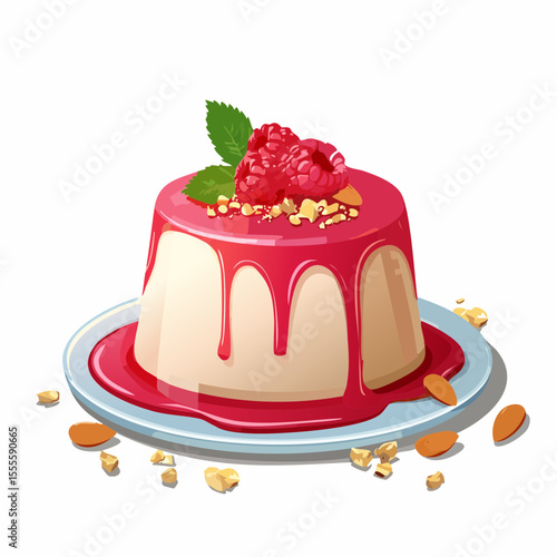 Elegant creamy pudding dessert with dripping raspberry sauce. A gourmet sweet treat garnished with fresh berries, mint, and almonds.
