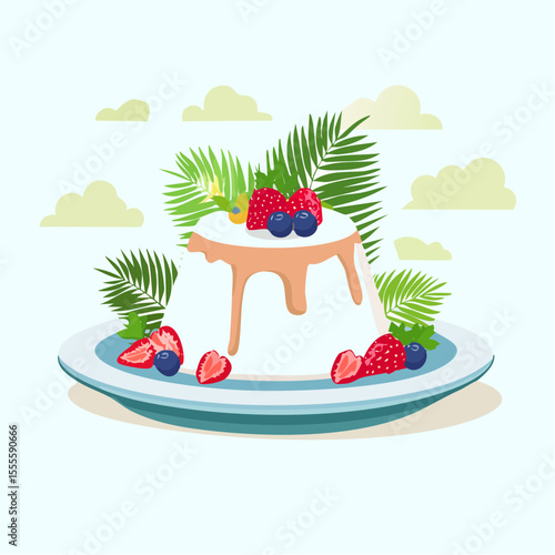 Delicious panna cotta dessert with fresh berries and caramel sauce, decorated with tropical palm leaves. A sweet summer treat concept.