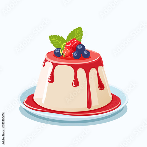 Elegant panna cotta dessert with a vibrant berry sauce, topped with fresh raspberries, blueberries, and a mint sprig