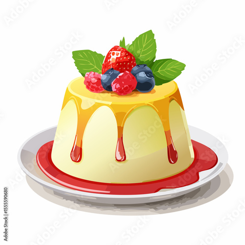 Gourmet panna cotta dessert with dripping caramel sauce, fresh mixed berries, and a mint garnish on a plate