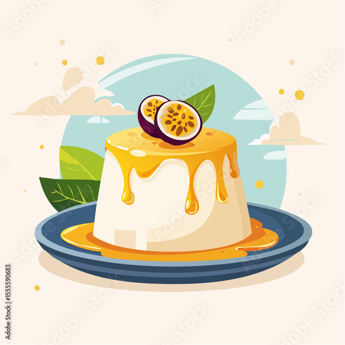 Gourmet passion fruit panna cotta illustration, a concept of a delicious creamy dessert with sweet tropical syrup topping.