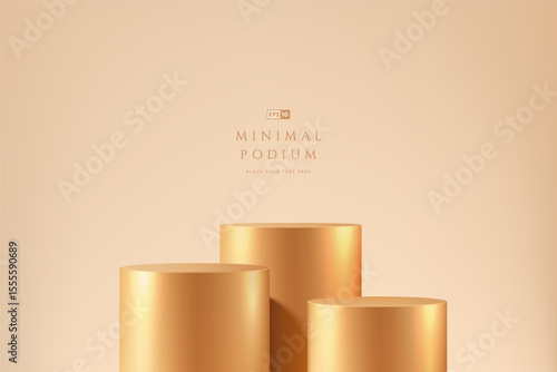 Golden round podium 3d background in empty room space in luxury style. Abstract geometric composition minimalist design. Studio display showroom product pedestal, Fashion stage showcases mockup scene.