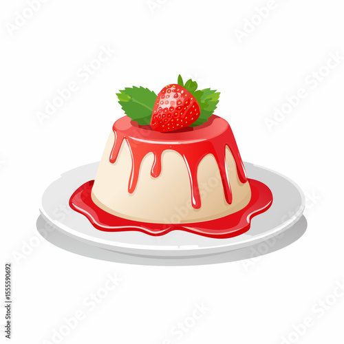 Elegant panna cotta dessert with dripping strawberry sauce, a fresh berry, and mint leaves on a plate. A sweet, creamy pudding illustration isolated on a white background.