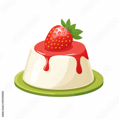 Classic Italian panna cotta dessert with strawberry coulis and a fresh berry garnish. Vector illustration.