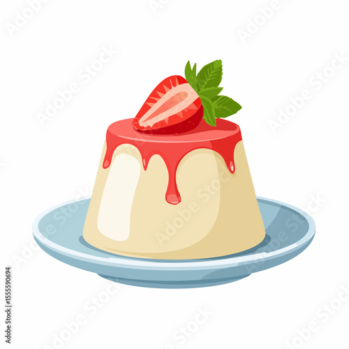 A delicious Italian panna cotta dessert topped with strawberry sauce, a fresh berry slice, and a mint leaf garnish.