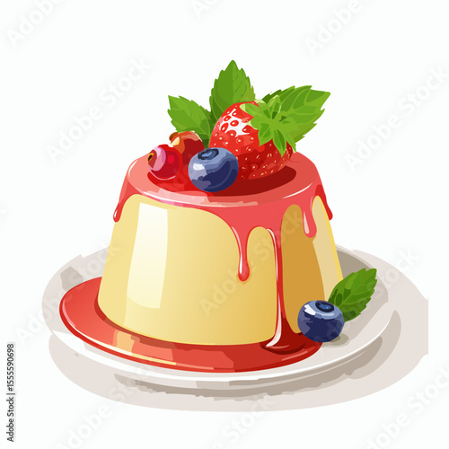 Gourmet panna cotta pudding with a sweet berry sauce, fresh strawberry, and mint garnish. A delicious dessert illustration isolated on white.