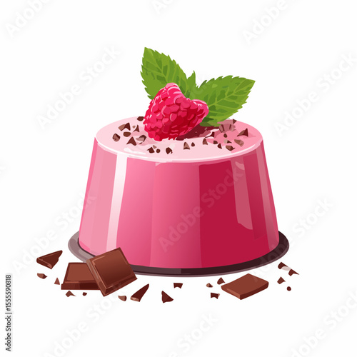 Sweet raspberry panna cotta dessert illustration with fresh mint, a single berry, and chocolate shavings. A gourmet creamy treat.
