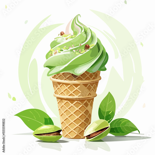 A delectable pistachio soft serve ice cream cone illustration, topped with chopped nuts and surrounded by fresh pistachios and leaves.