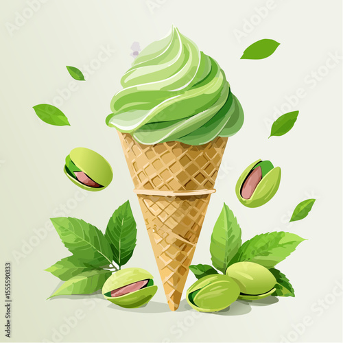 A refreshing concept of pistachio soft serve ice cream in a waffle cone, adorned with fresh nuts and green leaves.