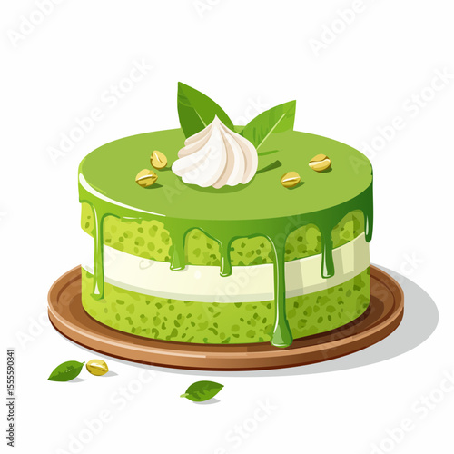 A beautifully decorated pistachio layer cake with dripping green glaze, whipped cream, and fresh mint leaves