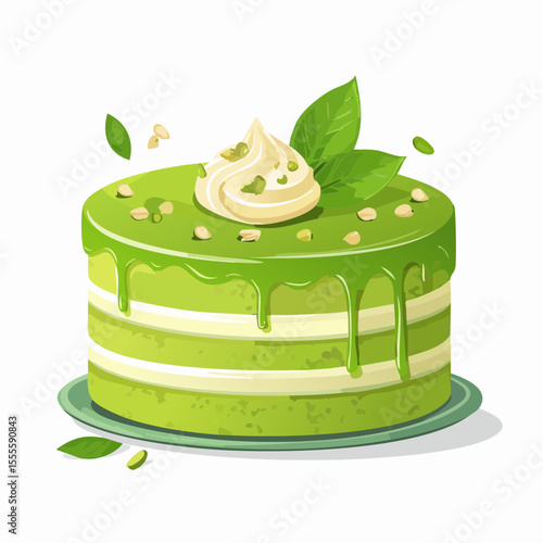 Gourmet pistachio cake with green glaze and cream topping. Sweet layered dessert vector illustration isolated on a white background.