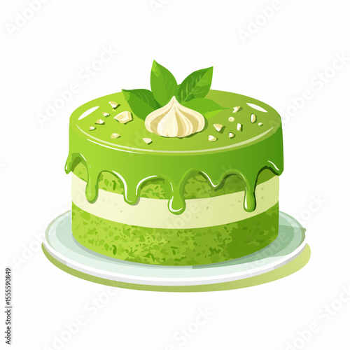 Vector illustration of a delicious green pistachio or matcha cake with glaze and mint leaves. A tasty layered dessert on a plate, isolated on white.