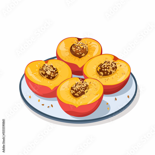 A plate of four baked peach halves with a nutty crumble filling, a sweet and healthy fruit dessert