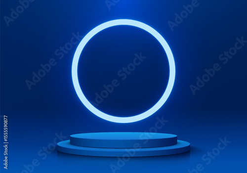 Blue round podium 3D background with circle ring neon lighting on wall. Abstract composition in minimalist design. Studio display showroom stands product pedestal, Fashion stage showcases mockup scene