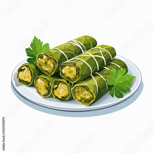 Vector illustration of traditional dolma, stuffed grape leaves served on a plate with fresh parsley. A classic Mediterranean appetizer.