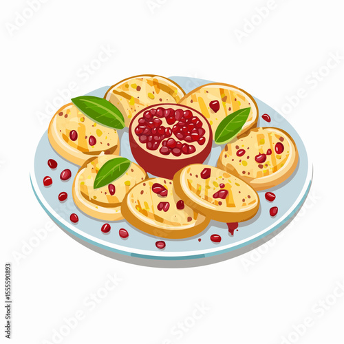 Gourmet bruschetta appetizer with fresh pomegranate and basil leaves, a delicious and healthy snack concept illustration.