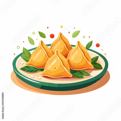 A plate of golden fried samosas garnished with fresh herbs. A delicious traditional Indian appetizer snack vector illustration.