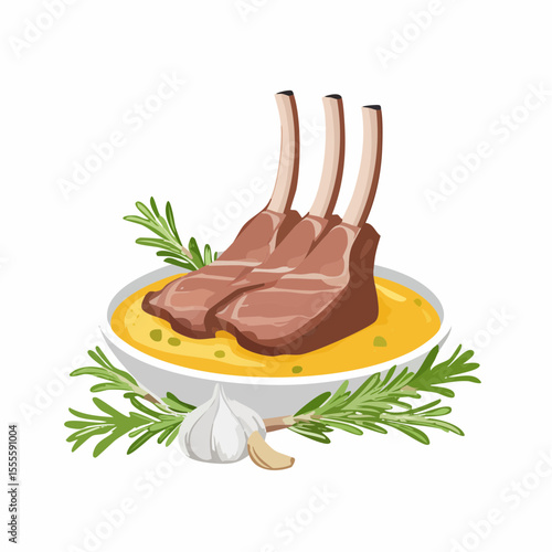 Gourmet rack of lamb chops served in a bowl with creamy sauce, garnished with fresh rosemary and garlic. A savory meat dish illustration.