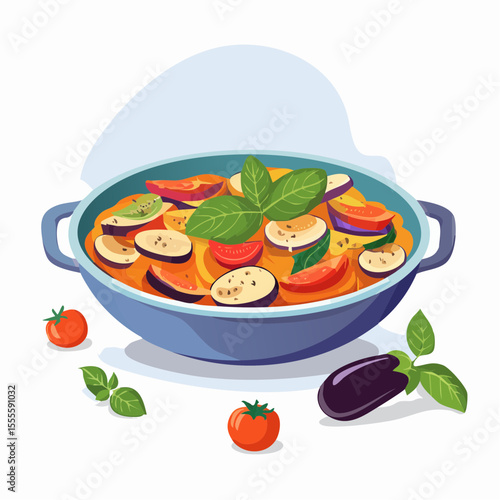 Freshly prepared vegetable ratatouille with eggplant, tomato, and basil. Concept of healthy homemade Mediterranean cuisine illustration.