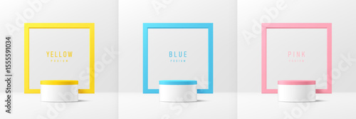 Set of 3D white product podium with blue, pink, yellow square frames backdrop. Abstract geometric composition in minimal design. Studio showroom product pedestal, Fashion stage showcases mockup scene.