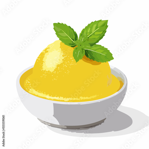 A refreshing scoop of yellow lemon sorbet or mango ice cream in a white bowl, garnished with a sprig of fresh mint. A cool summer dessert illustration.