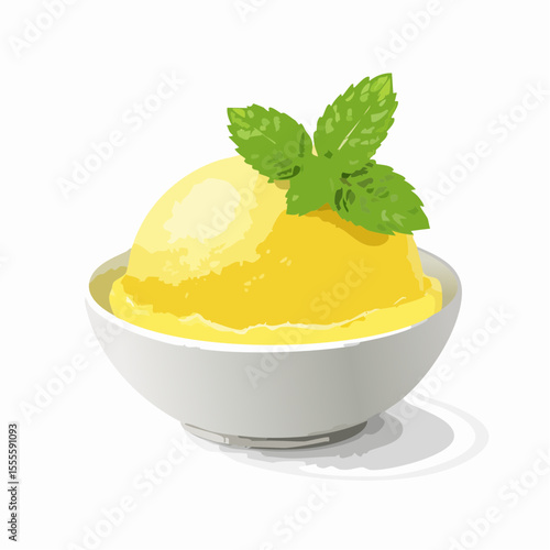A refreshing scoop of yellow lemon or mango sorbet in a white bowl, garnished with fresh mint leaves for a summer dessert