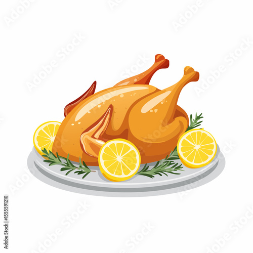 Delicious golden brown roasted chicken garnished with lemon slices and rosemary sprigs, served on a platter for a festive meal