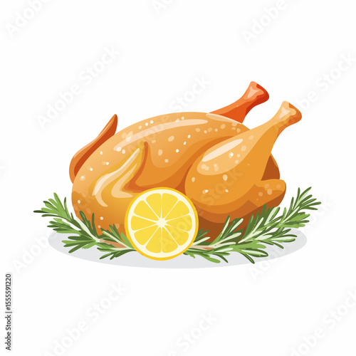 A whole roasted chicken garnished with fresh rosemary and lemon, a classic dish for a festive holiday dinner celebration.