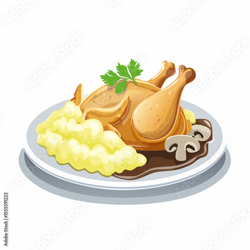 Classic roasted chicken dinner with creamy mashed potatoes and rich mushroom gravy. A delicious homemade meal vector illustration.
