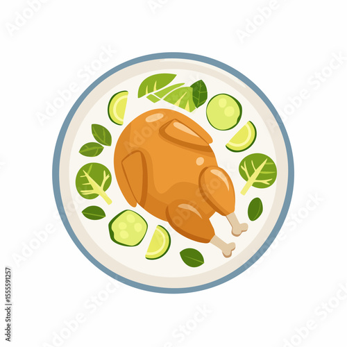 A beautifully illustrated whole roasted chicken on a platter, garnished with fresh green vegetables. A concept for a festive holiday dinner or a healthy family meal.